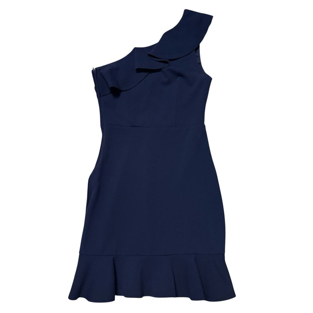 One Shoulder Ruffle Mini Dress Womens 5 Navy Blue Cocktail Wedding Semi Formal